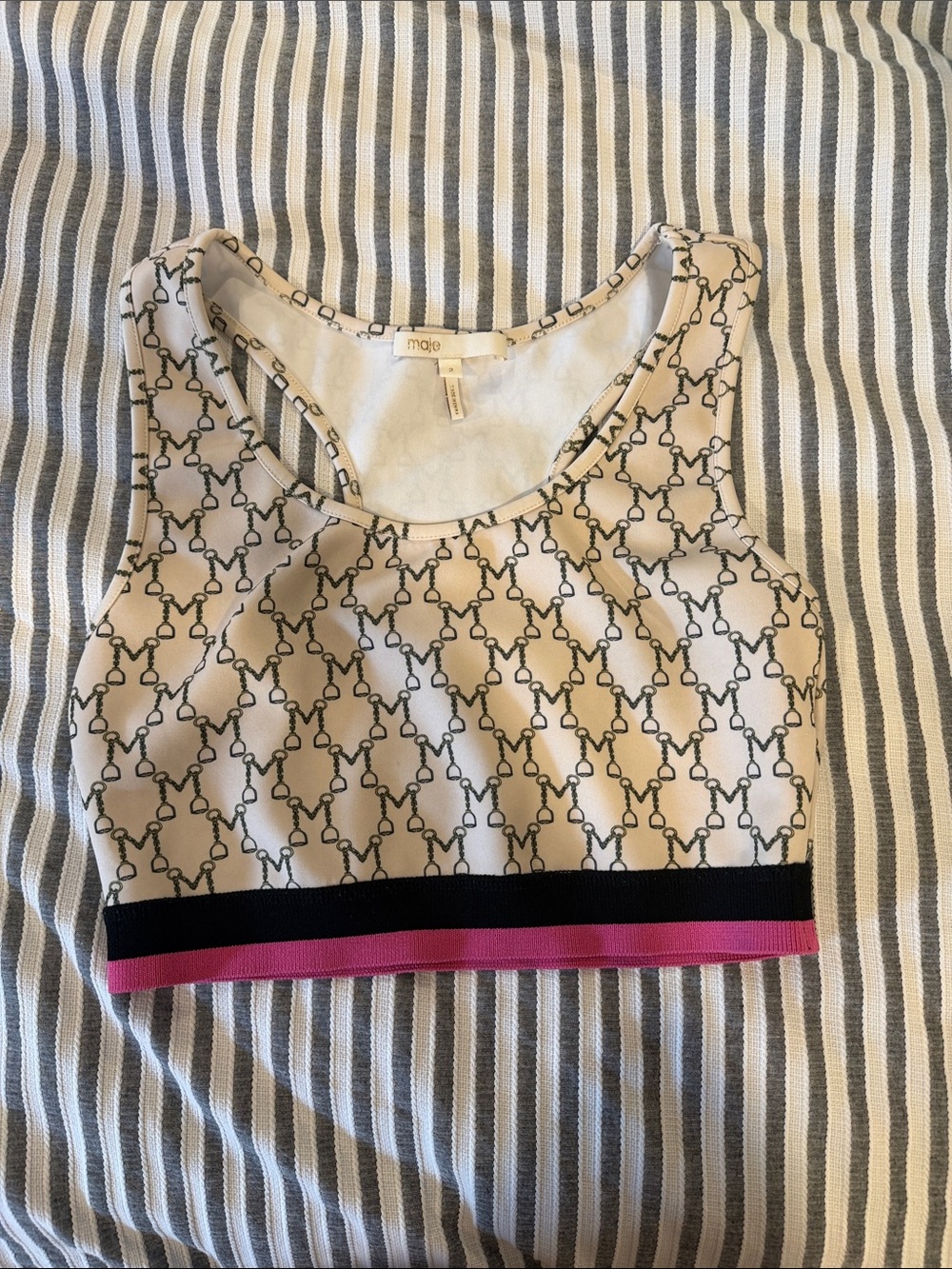 Maje Cream Patterned Crop Tank with Black and Pink Band